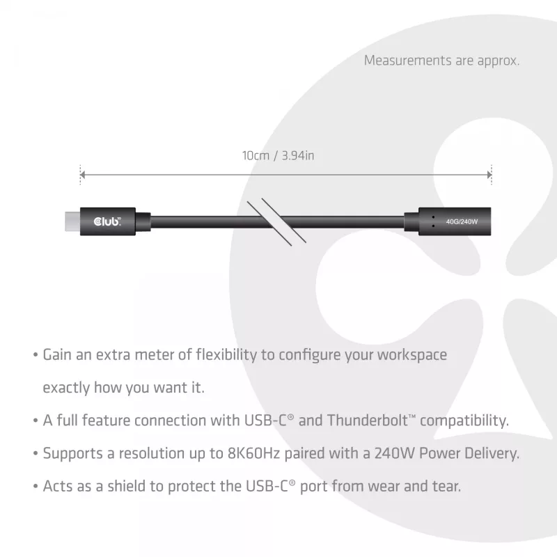 Przedłużacz USB-C 40Gbps 1 m — club 3d, USB C na USB C, czarny