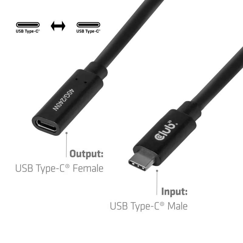 Przedłużacz USB-C 40Gbps 1 m — club 3d, USB C na USB C, czarny