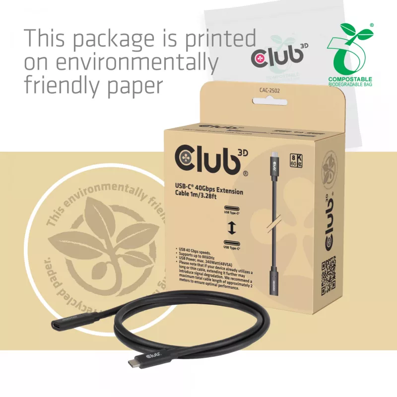 Przedłużacz USB-C 40Gbps 1 m — club 3d, USB C na USB C, czarny