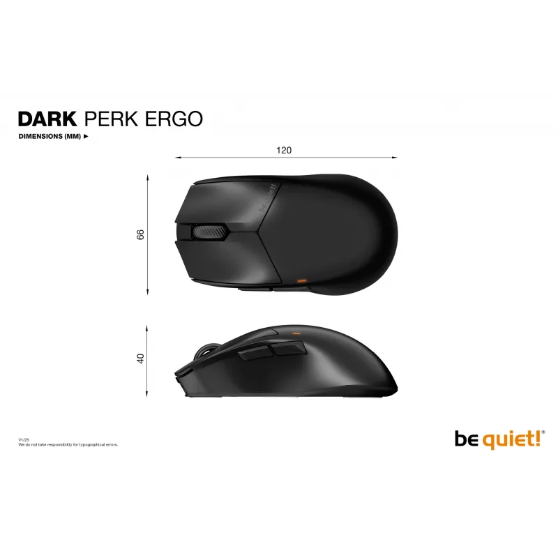 be quiet Dark Perk | Ergo mysz Gaming Praworęczna RF Wireless + USB Type-C Optyczny 32000 DPI
