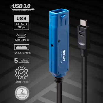Lindy 5m USB 3.2 Gen 1 C/A Active Extension Pro, 5 m, USB C, USB A, USB 3.2 Gen 1 (3.1 Gen 1), Czarny