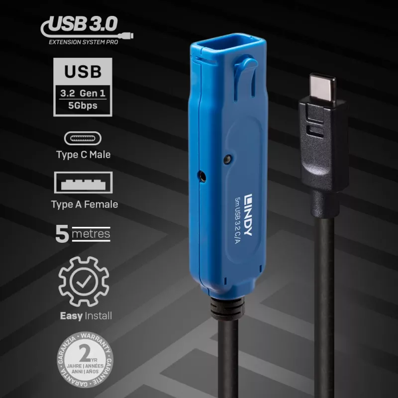 Lindy 5m USB 3.2 Gen 1 C/A Active Extension Pro, 5 m, USB C, USB A, USB 3.2 Gen 1 (3.1 Gen 1), Czarny