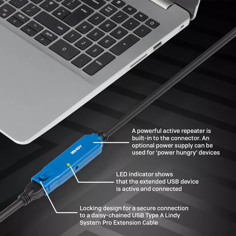 Lindy 5m USB 3.2 Gen 1 C/A Active Extension Pro, 5 m, USB C, USB A, USB 3.2 Gen 1 (3.1 Gen 1), Czarny