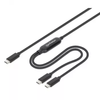 Manhattan, kabel ładujący, Dual USB-C do USB-C, 100 W, 2 m, męski na dwa męskie, inteligentny kabel rozdzielający moc, ładuje dwa urządzenia z jednego portu USB-C PD, dostarcza do 100 W dla pojedynczego ładowania oraz do 70 W + 28 W dla podwójnego ładowania, pleciona osłona, aluminiowa wtyczka, czarny