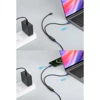 Manhattan, kabel ładujący, Dual USB-C do USB-C, 100 W, 2 m, męski na dwa męskie, inteligentny kabel rozdzielający moc, ładuje dwa urządzenia z jednego portu USB-C PD, dostarcza do 100 W dla pojedynczego ładowania oraz do 70 W + 28 W dla podwójnego ładowania, pleciona osłona, aluminiowa wtyczka, czarny