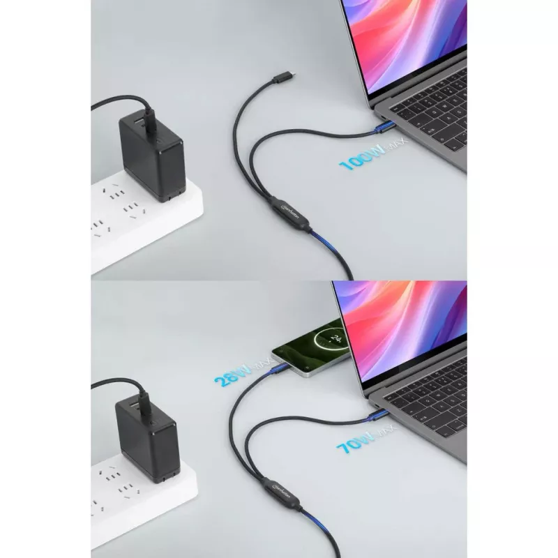 Manhattan, kabel ładujący, Dual USB-C do USB-C, 100 W, 2 m, męski na dwa męskie, inteligentny kabel rozdzielający moc, ładuje dwa urządzenia z jednego portu USB-C PD, dostarcza do 100 W dla pojedynczego ładowania oraz do 70 W + 28 W dla podwójnego ładowania, pleciona osłona, aluminiowa wtyczka, czarny