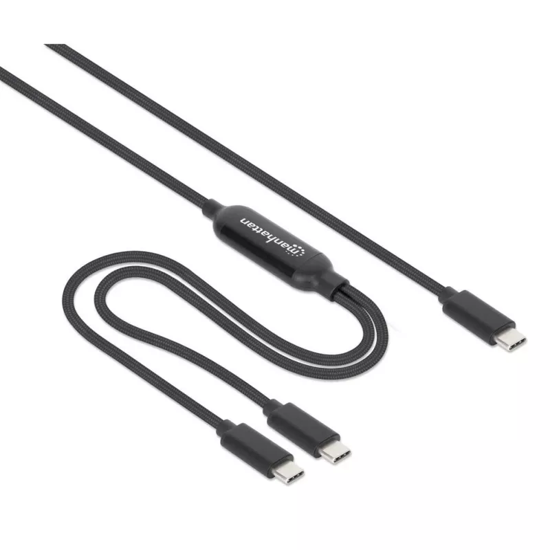 Manhattan, kabel ładujący, Dual USB-C do USB-C, 100 W, 2 m, męski na dwa męskie, inteligentny kabel rozdzielający moc, ładuje dwa urządzenia z jednego portu USB-C PD, dostarcza do 100 W dla pojedynczego ładowania oraz do 70 W + 28 W dla podwójnego ładowania, pleciona osłona, aluminiowa wtyczka, czarny