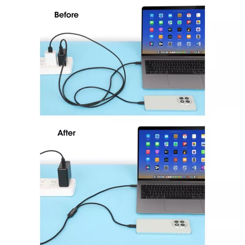 Manhattan, kabel ładujący, Dual USB-C do USB-C, 100 W, 2 m, męski na dwa męskie, inteligentny kabel rozdzielający moc, ładuje dwa urządzenia z jednego portu USB-C PD, dostarcza do 100 W dla pojedynczego ładowania oraz do 70 W + 28 W dla podwójnego ładowania, pleciona osłona, aluminiowa wtyczka, czarny