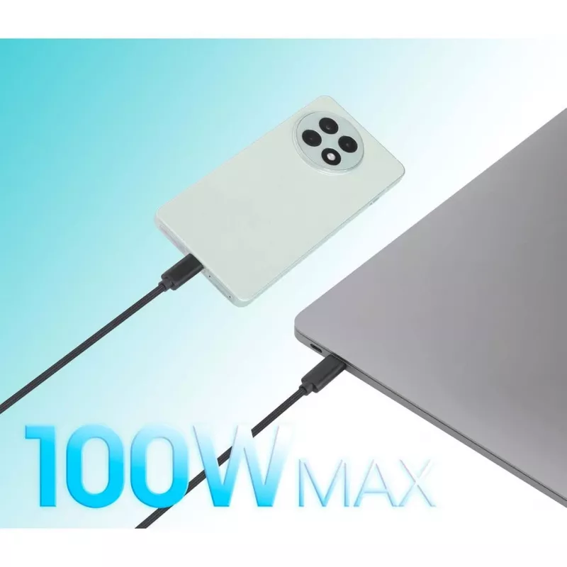 Manhattan, kabel ładujący, Dual USB-C do USB-C, 100 W, 2 m, męski na dwa męskie, inteligentny kabel rozdzielający moc, ładuje dwa urządzenia z jednego portu USB-C PD, dostarcza do 100 W dla pojedynczego ładowania oraz do 70 W + 28 W dla podwójnego ładowania, pleciona osłona, aluminiowa wtyczka, czarny