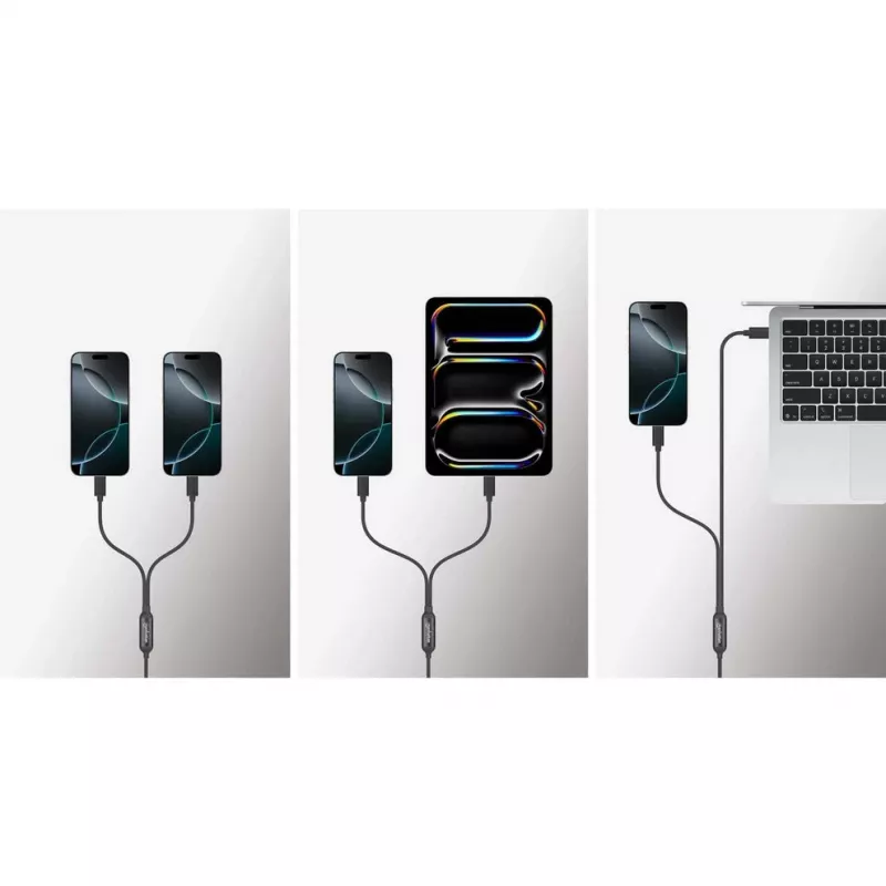 Manhattan, kabel ładujący, Dual USB-C do USB-C, 100 W, 2 m, męski na dwa męskie, inteligentny kabel rozdzielający moc, ładuje dwa urządzenia z jednego portu USB-C PD, dostarcza do 100 W dla pojedynczego ładowania oraz do 70 W + 28 W dla podwójnego ładowania, pleciona osłona, aluminiowa wtyczka, czarny