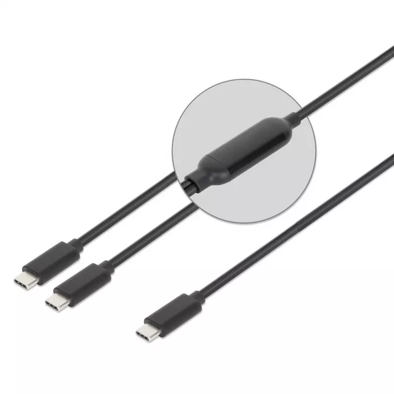 Manhattan, kabel ładujący, Dual USB-C do USB-C, 100 W, 2 m, męski na dwa męskie, inteligentny kabel rozdzielający moc, ładuje dwa urządzenia z jednego portu USB-C PD, dostarcza do 100 W dla pojedynczego ładowania oraz do 70 W + 28 W dla podwójnego ładowania, pleciona osłona, aluminiowa wtyczka, czarny