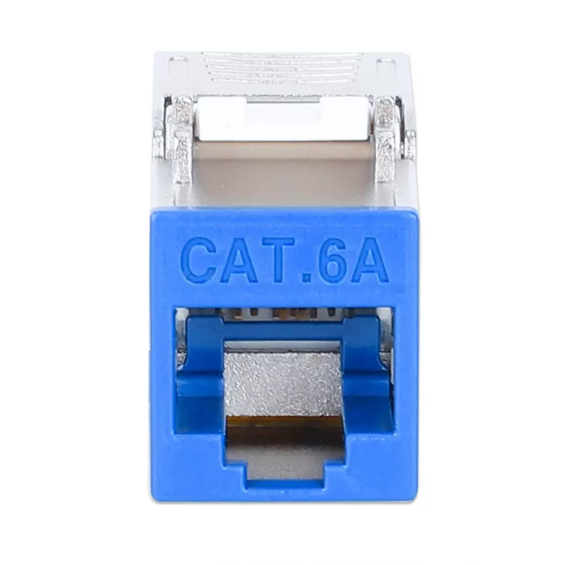 Intellinet Cat6a 10G Ekranowane Bezbarzędziowe Wąskie Złącze Keystone, Płaskie, Niebieskie, RJ-45, IDC, Żeńskie, Złote