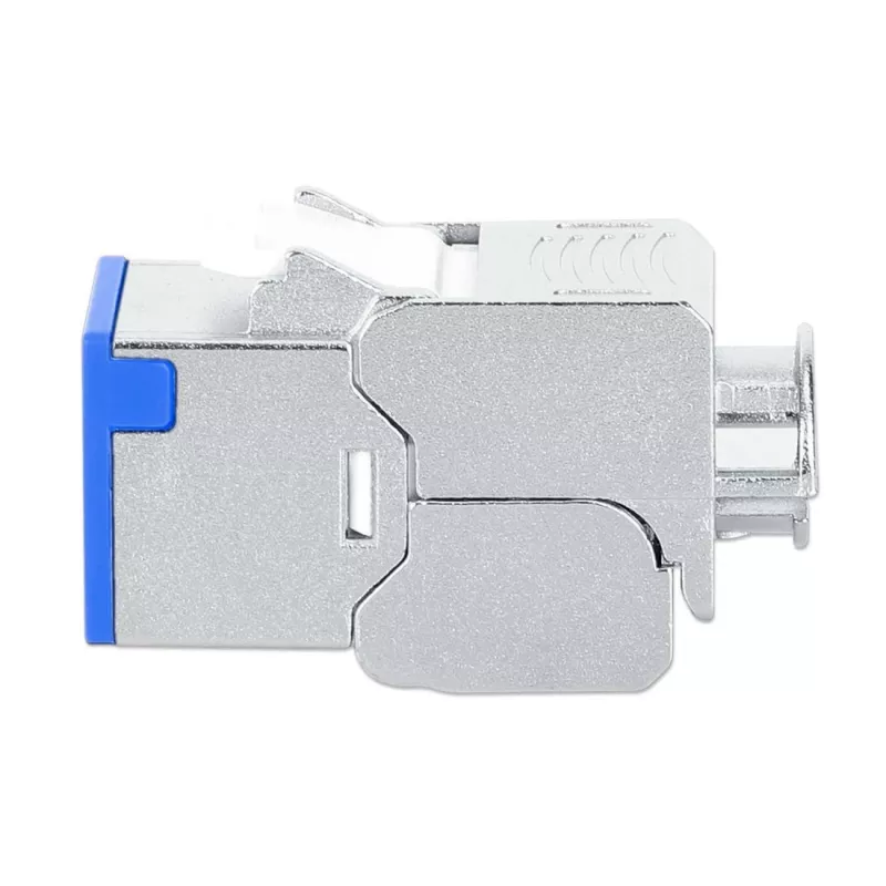Intellinet Cat6a 10G Ekranowane Bezbarzędziowe Wąskie Złącze Keystone, Płaskie, Niebieskie, RJ-45, IDC, Żeńskie, Złote