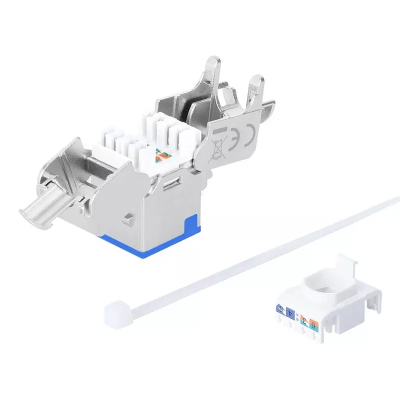 Intellinet Cat6a 10G Ekranowane Bezbarzędziowe Wąskie Złącze Keystone, Płaskie, Niebieskie, RJ-45, IDC, Żeńskie, Złote
