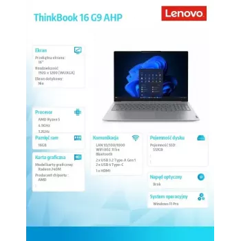 Laptop Lenovo ThinkBook 16 G9 21UT0077PB Windows 11 Pro, Intel (nieokreślony), 16.0 cali WQXGA, 16 GB RAM, 512 GB SSD, Arctic szary