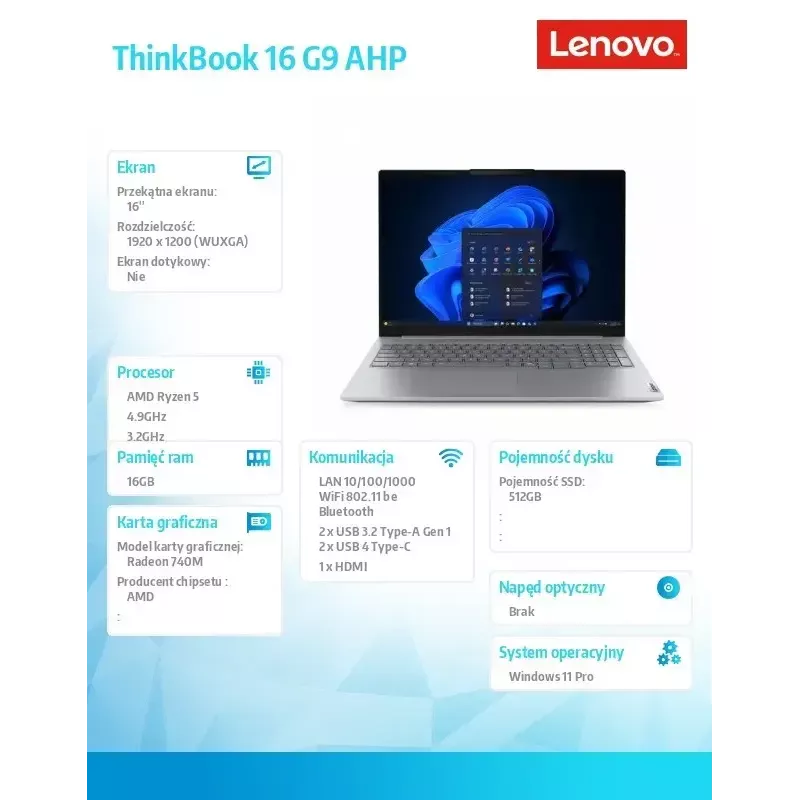 Laptop Lenovo ThinkBook 16 G9 21UT0077PB Windows 11 Pro, Intel (nieokreślony), 16.0 cali WQXGA, 16 GB RAM, 512 GB SSD, Arctic szary