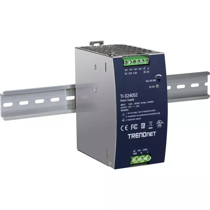 Zasilacz TRENDNET TI-S24052 do przełącznika sieciowego, 240 W, AC 90–264 V, zabezpieczenia: OCP/OPP/OVP/OTP/zwarciowe, czarny