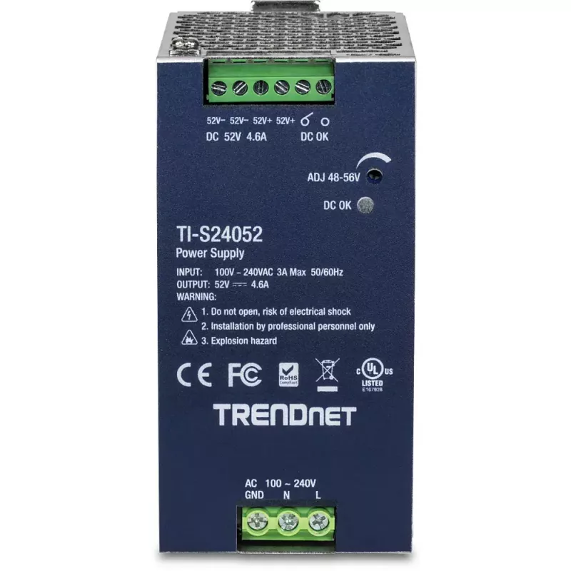 Zasilacz TRENDNET TI-S24052 do przełącznika sieciowego, 240 W, AC 90–264 V, zabezpieczenia: OCP/OPP/OVP/OTP/zwarciowe, czarny