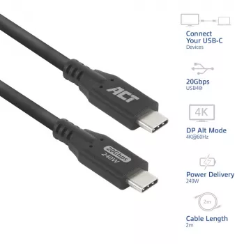 ACT USB4 20Gbps 240W USB Type-C kabel, 2 m, USB C, USB C, USB4 Gen 2x2, 20 Gbit/s, Czarny