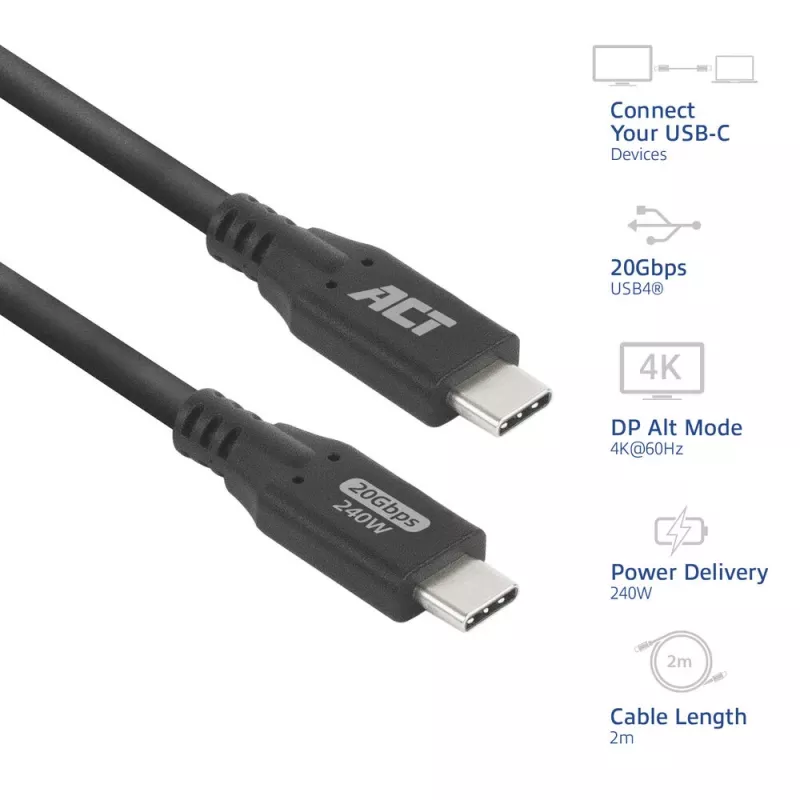 ACT USB4 20Gbps 240W USB Type-C kabel, 2 m, USB C, USB C, USB4 Gen 2x2, 20 Gbit/s, Czarny