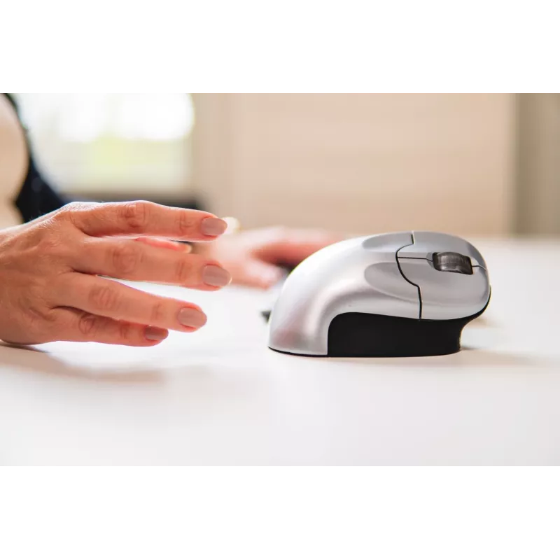 BakkerElkhuizen Grip mysz Wireless, dla prawej ręki, konstrukcja pionowa, optyczna, RF Wireless, 1600 DPI, czarny, srebrny