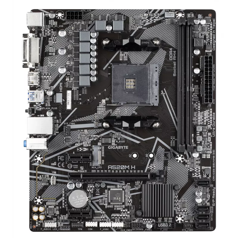 GIGABYTE A520M H Płyta główna – obsługuje procesory AMD Ryzen 5000 Series AM4, 4+3 fazowy cyfrowy VRM Pure Digital, do 5100 MHz DDR4 (OC), PCIe 3.0 x4 M.2, LAN Gigabit, USB 3.2 Gen 1
