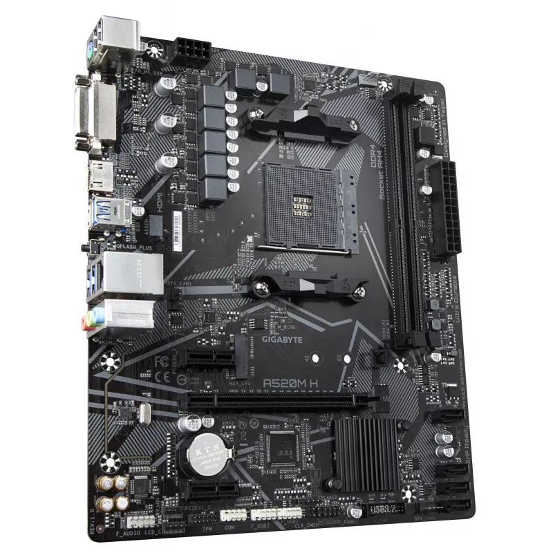 GIGABYTE A520M H Płyta główna – obsługuje procesory AMD Ryzen 5000 Series AM4, 4+3 fazowy cyfrowy VRM Pure Digital, do 5100 MHz DDR4 (OC), PCIe 3.0 x4 M.2, LAN Gigabit, USB 3.2 Gen 1