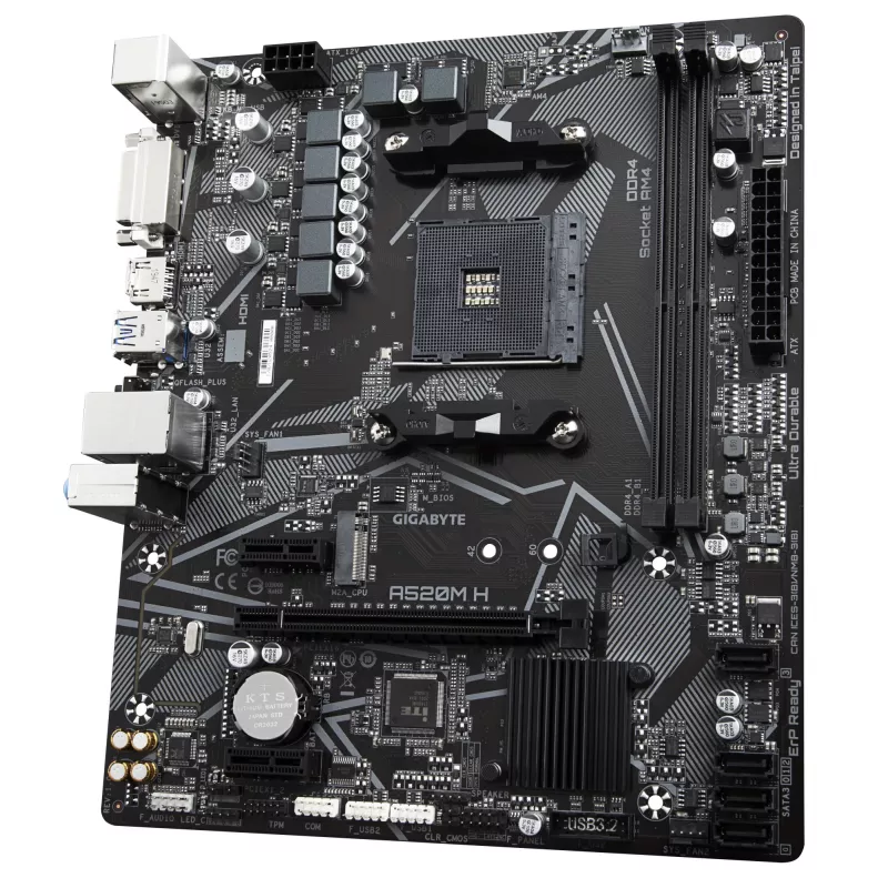 GIGABYTE A520M H Płyta główna – obsługuje procesory AMD Ryzen 5000 Series AM4, 4+3 fazowy cyfrowy VRM Pure Digital, do 5100 MHz DDR4 (OC), PCIe 3.0 x4 M.2, LAN Gigabit, USB 3.2 Gen 1
