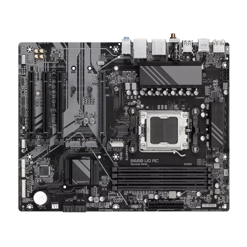 Płyta główna GIGABYTE B650 UD AC - procesory AMD Ryzen 9000 Series, 6+2+2 fazy VRM, do 8000 MHz DDR5 (OC), 1xPCIe 5.0 + 2xPCIe 4.0 M.2, GbE LAN, WIFI 5, USB 3.2 Gen 2