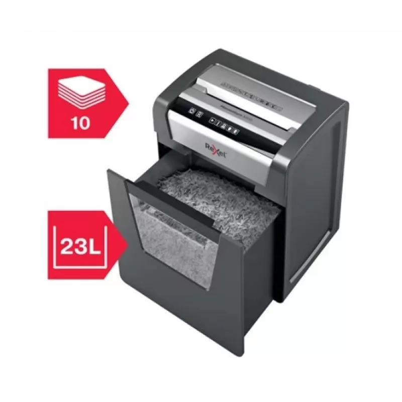 Rexel Momentum M510 Niszczarka do papieru z mikrocięciem P5, cięcie mikrocząsteczkowe, 2 x 15 mm, kosz 23 L, 250 arkuszy, 58 dB, Przyciski