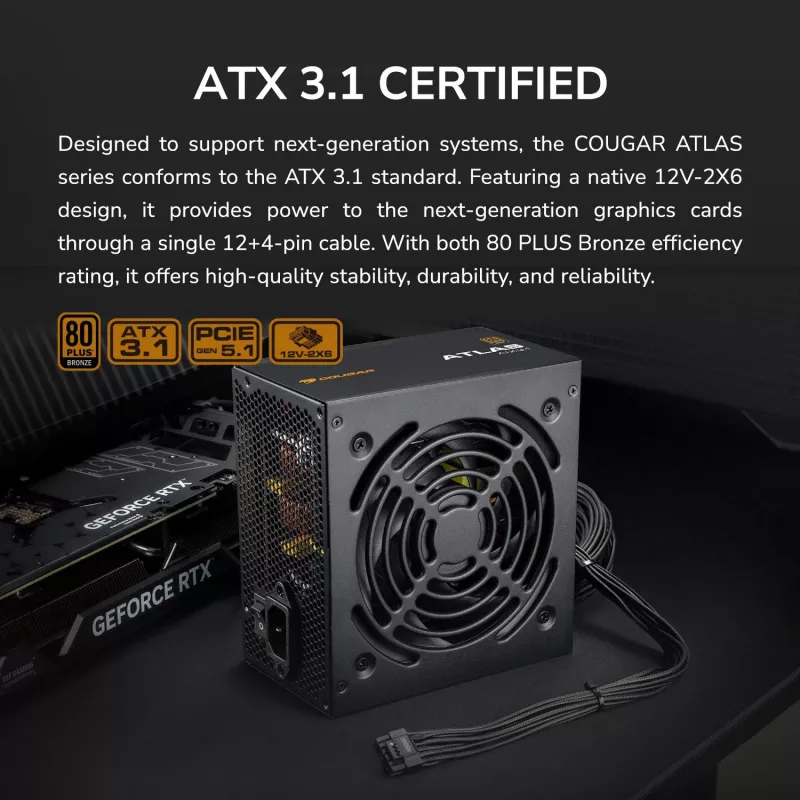 Zasilacz Cougar ATLAS 750W ATX3.1 80 Plus Bronze, 750 W, 24-pin ATX, wentylator 120 mm