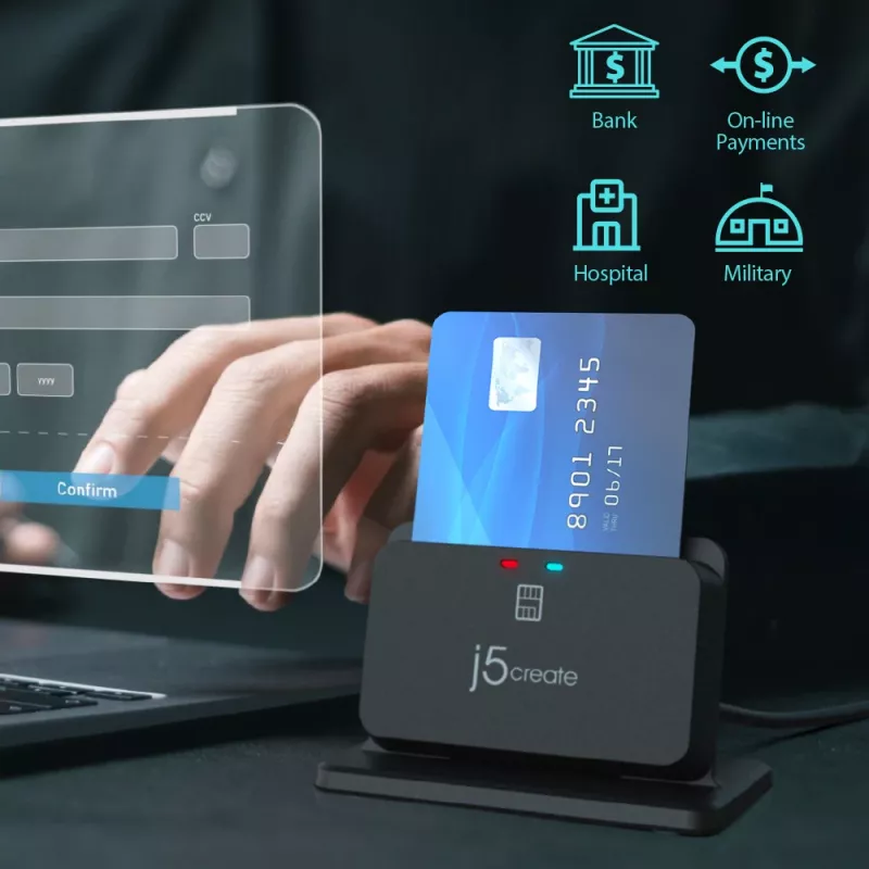 j5create JUR261 USB™ Smart Card / CAC Reader Stand, USB Type-A/USB Type-C, czarny, 95 g
