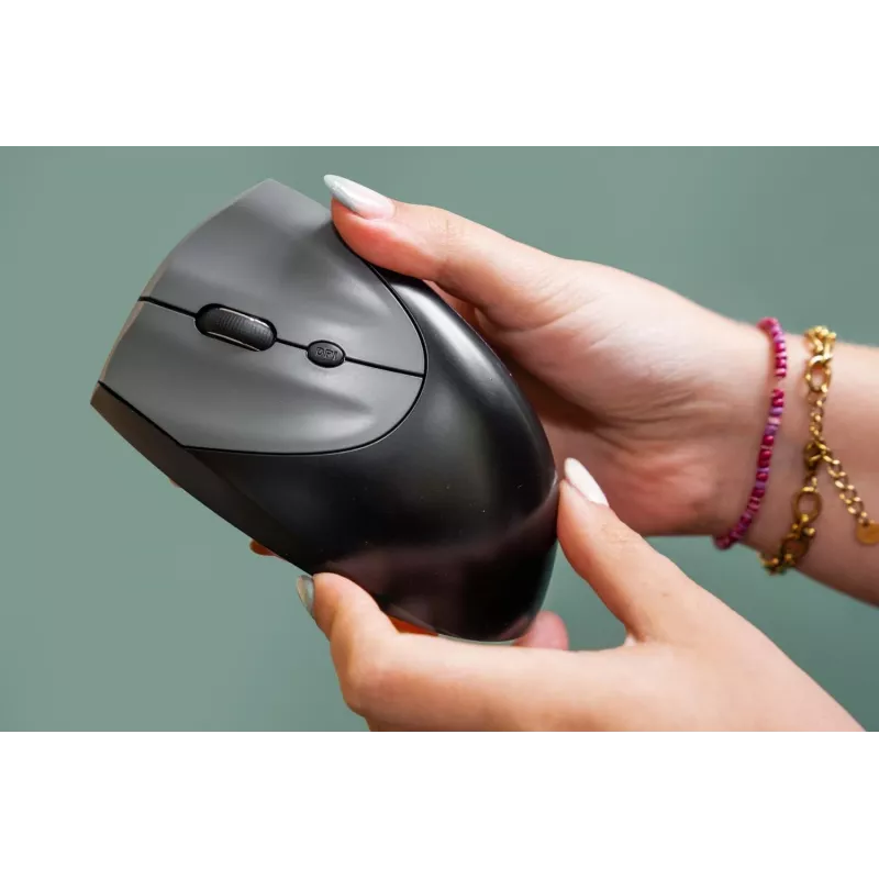 BakkerElkhuizen Handshake mysz Lewy, dla leworęcznych, konstrukcja pionowa, Optyczny, RF Bezprzewodowy + Bluetooth + USB Typu-C, 6400 DPI, Czarny, Szary