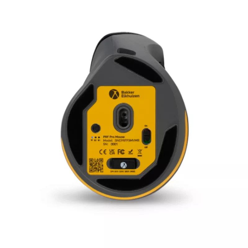 BakkerElkhuizen PRF Pro mysz Prawa, Praworęczna, Pionowa konstrukcja, Optyczna, RF Bezprzewodowa + Bluetooth + USB Type-C, 2400 DPI, Czarna, Szary