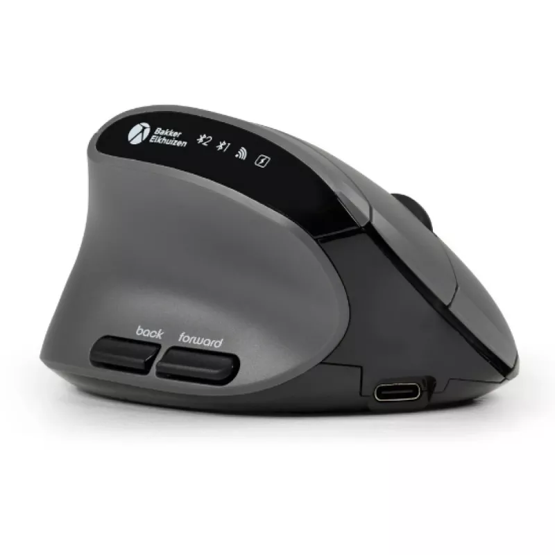 Mysz BakkerElkhuizen MidWay Lewa, dla leworęcznych, konstrukcja pionowa, Optyczna, RF Wireless + Bluetooth + USB Type-C, 2400 DPI, Szary, Czarny