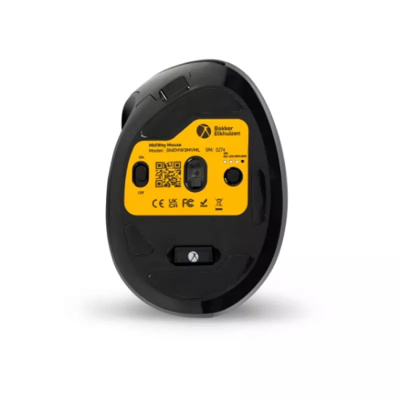 Mysz BakkerElkhuizen MidWay Lewa, dla leworęcznych, konstrukcja pionowa, Optyczna, RF Wireless + Bluetooth + USB Type-C, 2400 DPI, Szary, Czarny