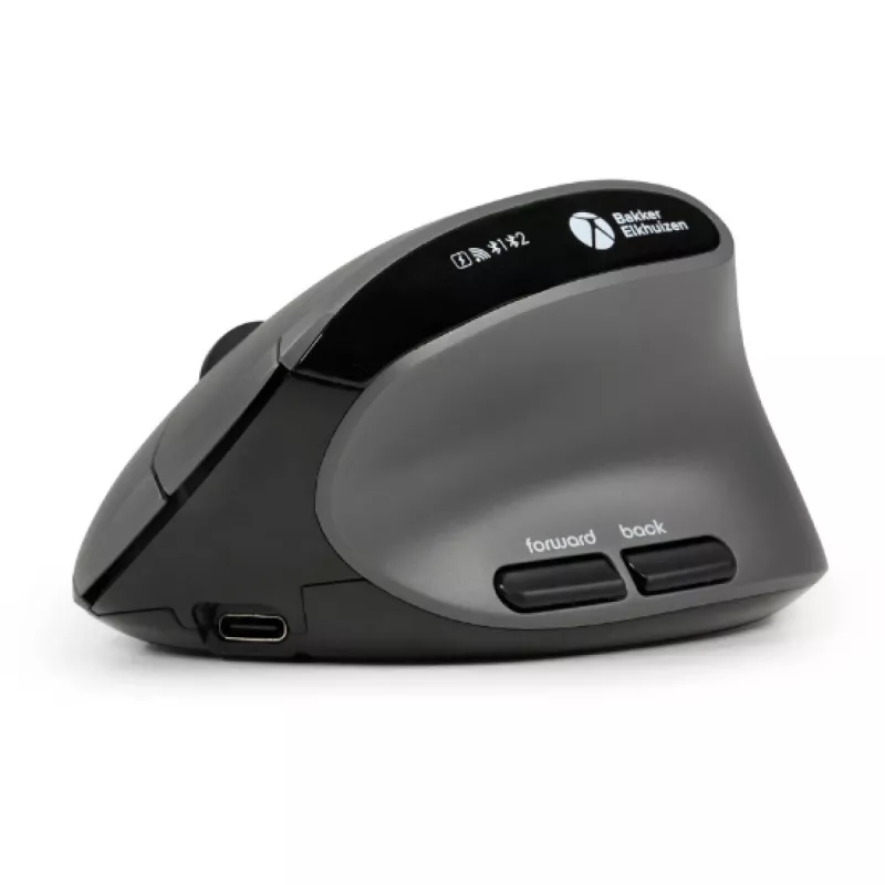 Mysz BakkerElkhuizen MidWay praworęczna, pionowa konstrukcja, optyczna, RF Wireless + Bluetooth + USB Type-C, 2400 DPI, szara, czarna