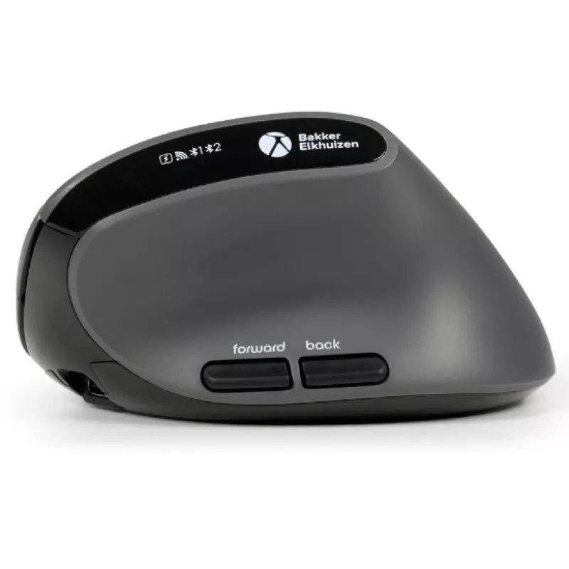 Mysz BakkerElkhuizen MidWay praworęczna, pionowa konstrukcja, optyczna, RF Wireless + Bluetooth + USB Type-C, 2400 DPI, szara, czarna