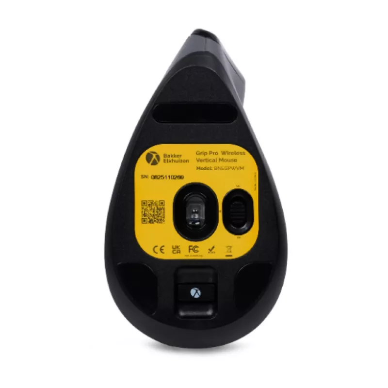 BakkerElkhuizen Grip Pro mysz, Praworęczna, Pionowa konstrukcja, Optyczna, RF Bezprzewodowa, 2400 DPI, Szary, Czarny, Żółty