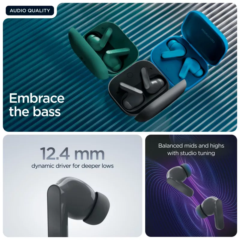 Zestaw słuchawkowy MOTOROLA Moto Buds Bass TWS Bluetooth douszny do rozmów i muzyki, czarny, 51 g