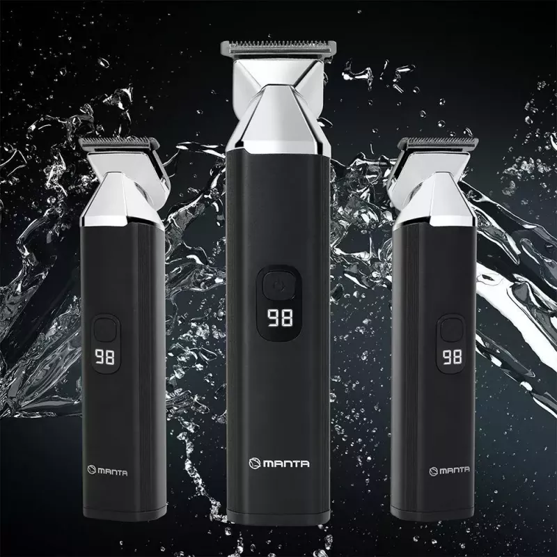 Bezprzewodowa, akumulatorowa maszynka do włosów MANTA HT-01BK — USB-C, wodoodporna IPX7, 90 min pracy, 6 + 4 magnetyczne nasadki