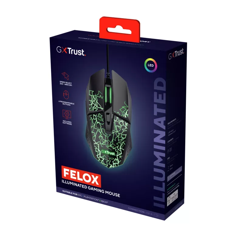 Trust GXT 113 Felox mysz Do gier Praworęczny USB Typu-A Optyczny 6400 DPI