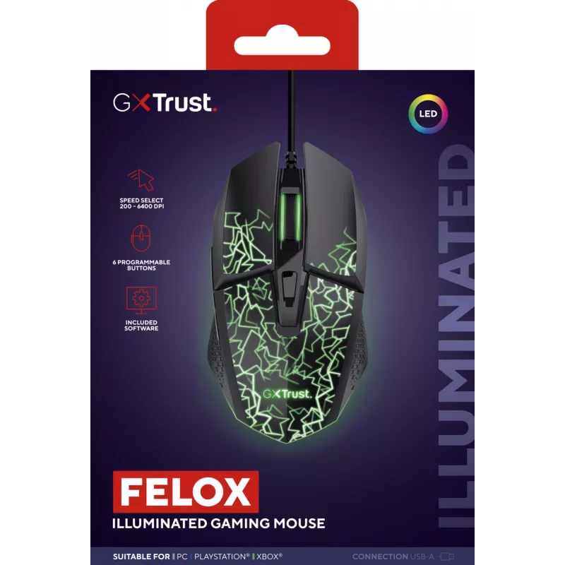 Trust GXT 113 Felox mysz Do gier Praworęczny USB Typu-A Optyczny 6400 DPI