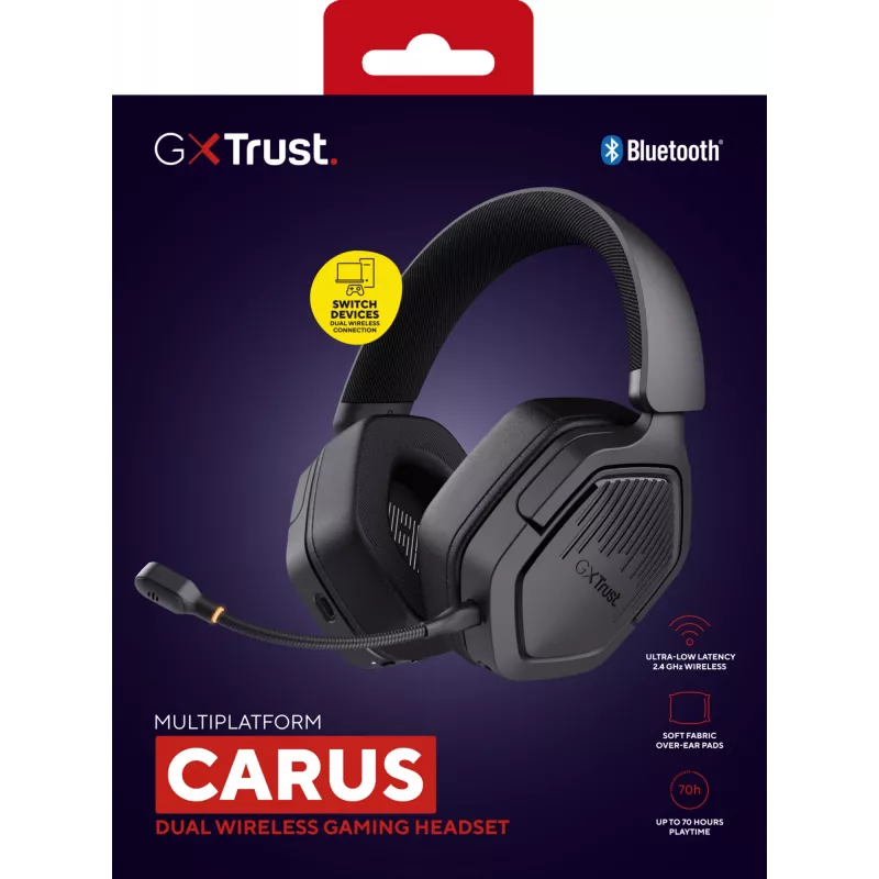 Trust GXT 493 Carus Zestaw słuchawkowy Przewodowy i bezprzewodowy Nagłowny, Kaskowy Gaming USB Typu-C / USB Typu-A Bluetooth Czarny