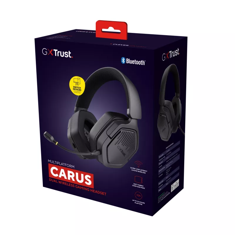 Trust GXT 493 Carus Zestaw słuchawkowy Przewodowy i bezprzewodowy Nagłowny, Kaskowy Gaming USB Typu-C / USB Typu-A Bluetooth Czarny