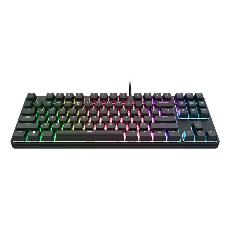 Mechaniczna klawiatura gamingowa TRUST 26135, 80% 87 klawiszy, układ niemiecki QWERTZ, przewodowa USB, czarna, kabel 1,8 m