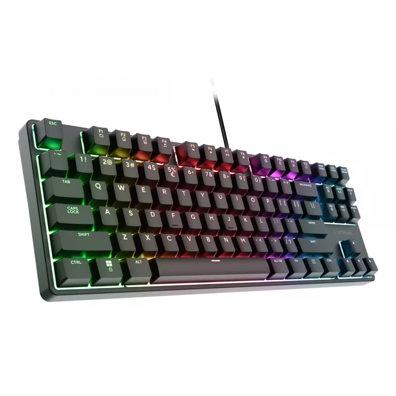 Mechaniczna klawiatura gamingowa TRUST 26135, 80% 87 klawiszy, układ niemiecki QWERTZ, przewodowa USB, czarna, kabel 1,8 m