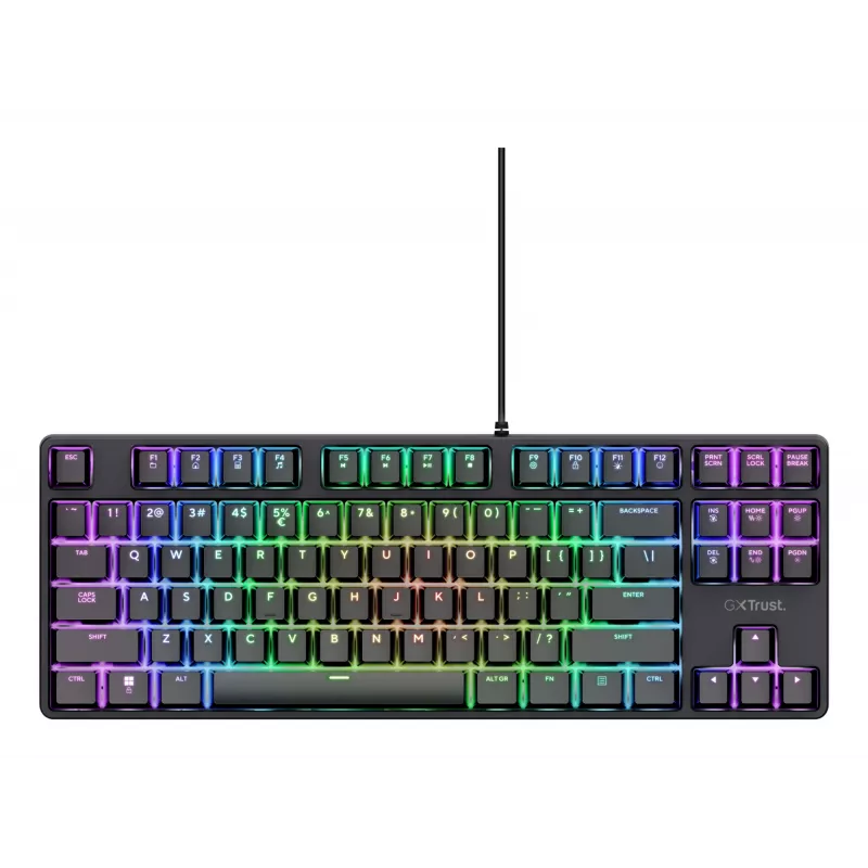 Mechaniczna klawiatura gamingowa TRUST 26135, 80% 87 klawiszy, układ niemiecki QWERTZ, przewodowa USB, czarna, kabel 1,8 m
