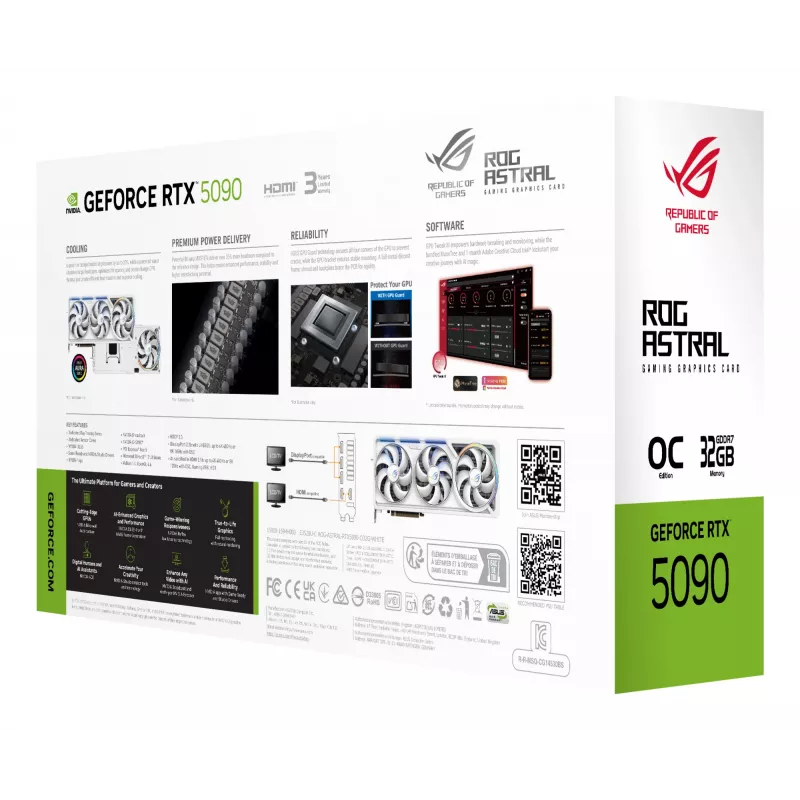 Karta graficzna ASUS ROG Astral GeForce RTX 5090, 32 GB GDDR7, 512-bit, PCIe 5.0, 3 wentylatory, biała