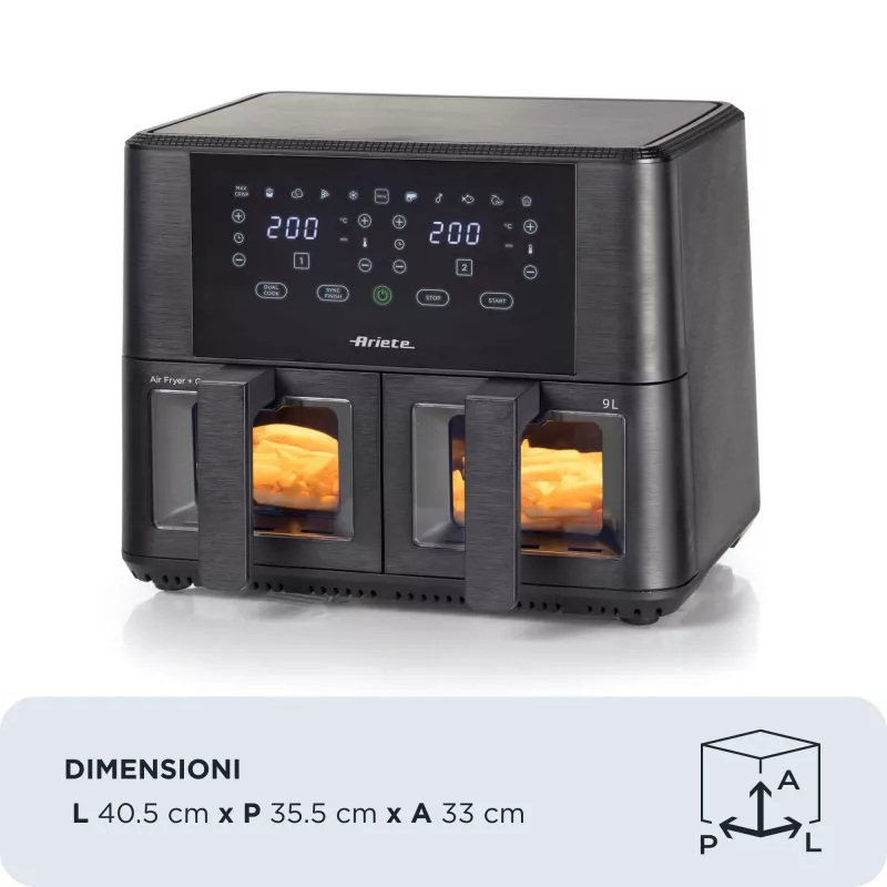 Ariete 4631 Podwójna frytownica powietrzna 9L, 2400W, Całkowita pojemność 9L, 11 programów, Wielofunkcyjna, Do 3,6 kg smażonego jedzenia Temperatura do 200°C, Podwójny kosz, Czarny